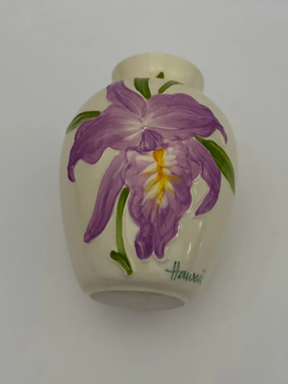 Vintage Hand-Painted Ceramic Vase Purple & Yellow Iris Aloha Designs Hawaii 6”